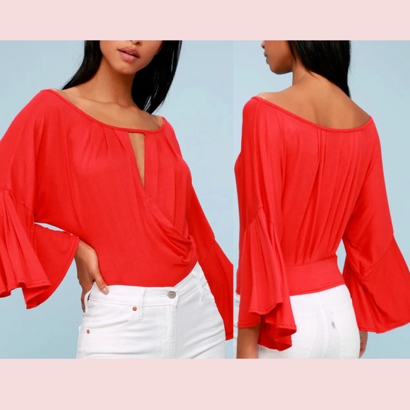 T-shirt Tunique Free People XS Rouge Rubis - Dos Nu, Drapé, Manches Courtes - Lin Mélangé - Neuf Avec étiquettes